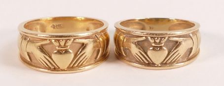 Two 14k gold friendship / Claddagh rings, marked 14k and tested as such. One size N/O, the other