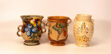 Three Crown Devon vases Patterns M206, Mattita M173 and a floral vase with a bird . Height of