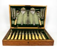 Oak cased quality silver plated fruit set, early 20th century, 3 pieces missing. Comprises grape