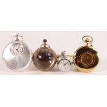 Four reproduction decorated pocket watches, one has chain, 2 boxed. (4)
