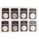 8 x fine silver 1 ounce dollar USA Eagle Liberty coins, uncirculated & slabbed, 1993, 91, 87,