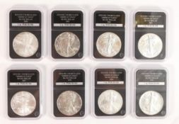 8 x fine silver 1 ounce dollar USA Eagle Liberty coins, uncirculated & slabbed, 1993, 91, 87,