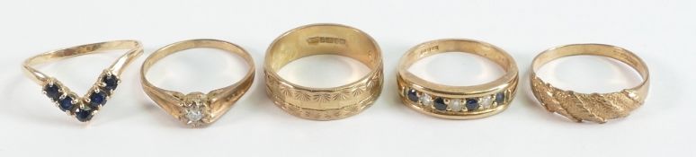 Five x 9ct gold fully UK hallmarked rings, includes 3 assorted dress rings set blue & white