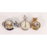 Two reproduction decorated pocket watch and chains and American stainless steel watch. (3)
