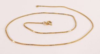 18ct gold hallmarked fine box link neck chain, 40cm long, weight 3.78g.