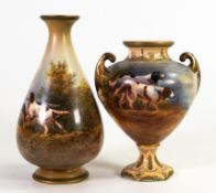 Two Crown Devon vases decorated with gun dogs hunting, signed R Hinton. Height of tallest 16cm