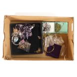 Shoe box containing assorted costume jewellery, includes some hardstone mounted pieces.