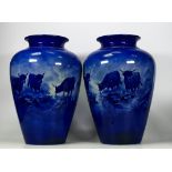 A pair of Fieldings Devon ware blue & white Highland cattle vases, signed G Cox. Height 31cm