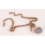 Victorian 9ct rose gold double watch chain & gold mounted hardstone swivel fob, weight 27.39g gross.