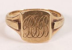9ct gold hallmarked gents signet ring, bears initials RHB or similar, ring size V, weight 4.88g.