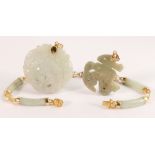 14ct gold mounted Jade or similar stone bracelet & 2 similar 14ct mounted pendants (3)