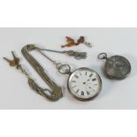 Two Silver pocket watches and Victorian white metal fob chain. (3)