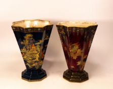 Two large Crown Devon flared vases, rouge royalle dragon pattern ( cracked and reglued at the