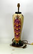 Moorcroft large lamp base in the foxgloves pattern, measuring 37cm high, excluding wooden base &