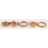 Five x 9ct gold rings, hallmarked or marked 9ct except one eternity ring tested as 9ct gold or