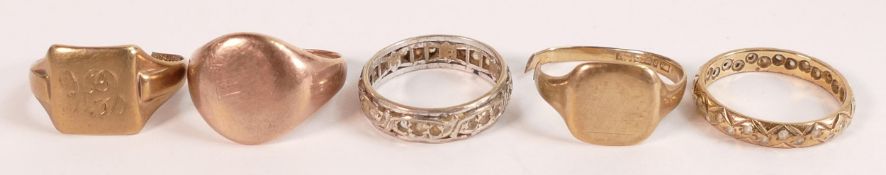 Five x 9ct gold rings, hallmarked or marked 9ct except one eternity ring tested as 9ct gold or