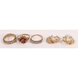 3 x 9ct gold rings, together with 2 pairs of 9ct earrings, gross weight 8.1g.