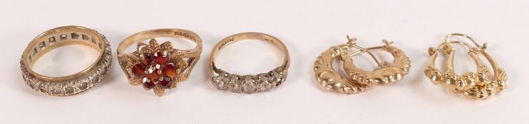 3 x 9ct gold rings, together with 2 pairs of 9ct earrings, gross weight 8.1g.