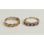 9ct gold ladies dress ring set with purple stones, size M,2.2g and 9ct gold openwork ring, 1.7g. (2)