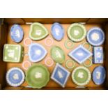 A Collection of Sage Green & Blue Wedgwood pin dishes, lidded boxes & similar