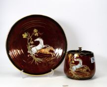 Crown Devon rouge royalle Pegasus patterned large tobacco jar and shallow bowl. Diameter 29.5cm