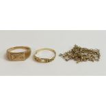 15ct gold ring, 1g, 9ct gold ring and chain, 4.9g. (3)