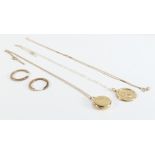 Assortment of all 9ct gold jewellery including: pair earrings, locket & fine chain, St.