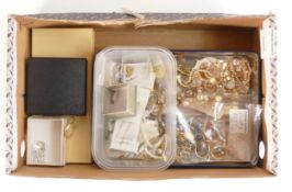 Job lot of costume and odd silver jewellery in a shoe box, together with some gilt metal pieces that
