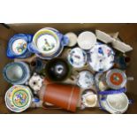 A collection of Quimper & Torquay Ware hand decorated items including vases , jugs, dishes, bowls