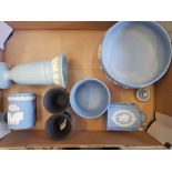 A collection of Wedgwood jasperware items to include lidded tea canister, footed fruit bowl, black