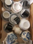 A mixed collection of ceramic items to include Meakin cups and saucers, Johnson's Bros jugs, Royal