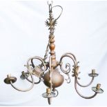 Vintage Flemish Style Brass & Copper 6 branch chandelier, diameter 75cm