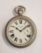 A WWII period Military Issue open faced pocket watch, enamel dial with roman numerals and subsidiary