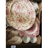 A mixed collection of ceramic items to include Johnson Bros plates, meat platter, cake plates etc (1