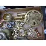A mixed collection of brass and copper ware to include trivets, spirit kettle, Indian brass vases