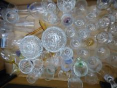 A collection of glassware to include drinking glasses and lidded pots (1 tray).