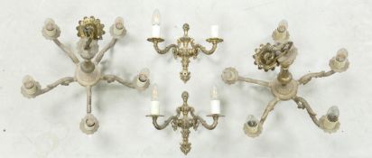 A Pair of French style brass chandeliers together with two matching wall sconces. All with