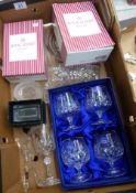 A collection of glass and crystal ware items including boxed glasses, paperweight etc (1 tray).