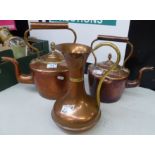 Two copper kettles together with a copper and brass jug, height of tallest 32cm (3).