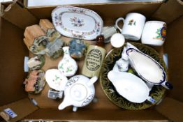 Mixed collection of ceramics to include Stoneware beer bottle, gravy boats, tea for one set and