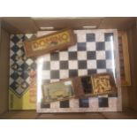 A hard stone chess board together with boxwood chess piece set, vintage dominoes etc (1 tray).