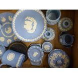 A collection of Wedgwood jasperware items to include Christmas plates, tankard, lidded pots, pin
