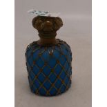 French hand blown glass perfume bottle, stopper present, with metal mess covering, with French scene