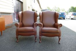 Two Leather Wingback Armchairs on Queen Anne legs