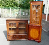 20th century Dark Oak Priory Style display cabinet together with Reproduction Yew Corner Display