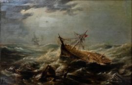 'Shipwreck' English School mid 19th century oil painting on paper adhered to wood panel, 26cm x