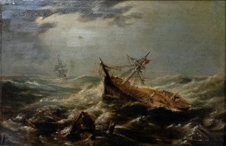 'Shipwreck' English School mid 19th century oil painting on paper adhered to wood panel, 26cm x