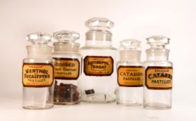 Five early 20th century glass Pastille jars, a graduated set of five Thomas Kerfoot & Co. dispensing