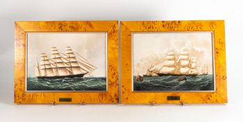 A pair of Wedgwood Clipper Ship plaques depicting Hurricane and Great Republic. In original burr