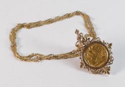 HALF sovereign gold coin, 1903, loose mounted in 9ct gold mount, and with a 9ct gold chain 46cm